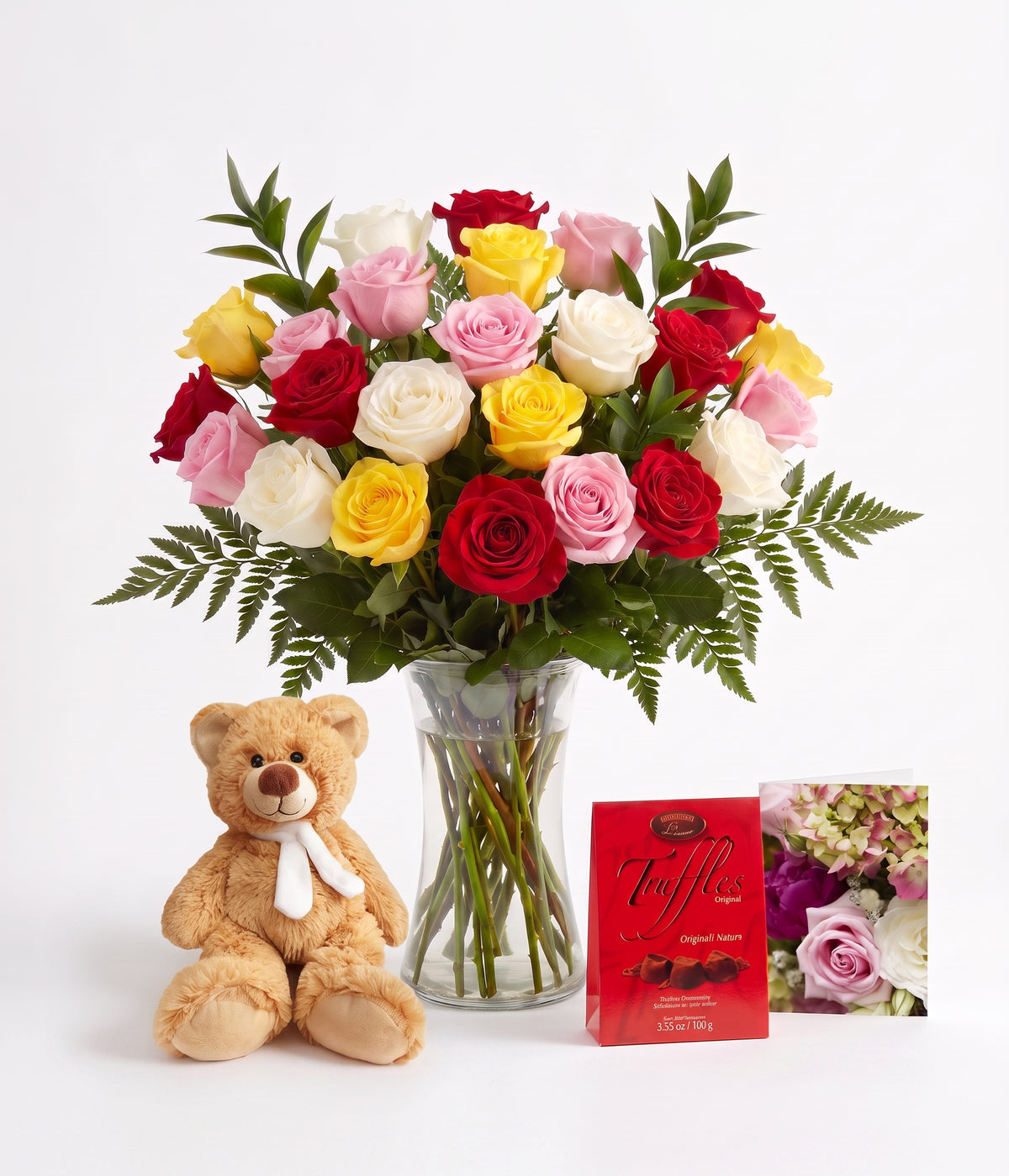 24 Assorted Roses with Truffles, Teddy & Card