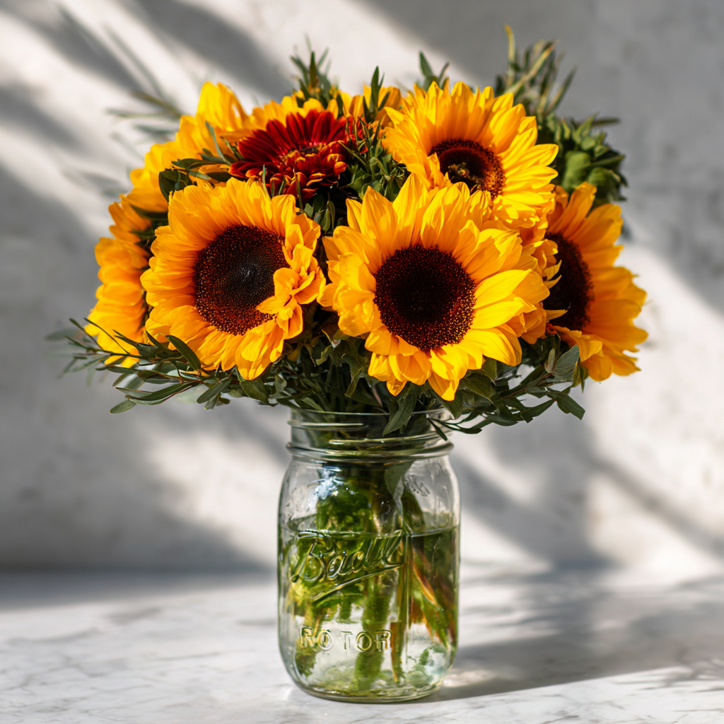 Sunflower In Rustic Mason Jar Blooms