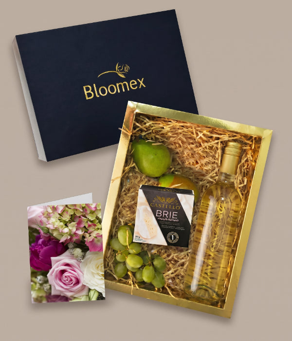 Coffret gourmand fruits, fromages et vin blanc