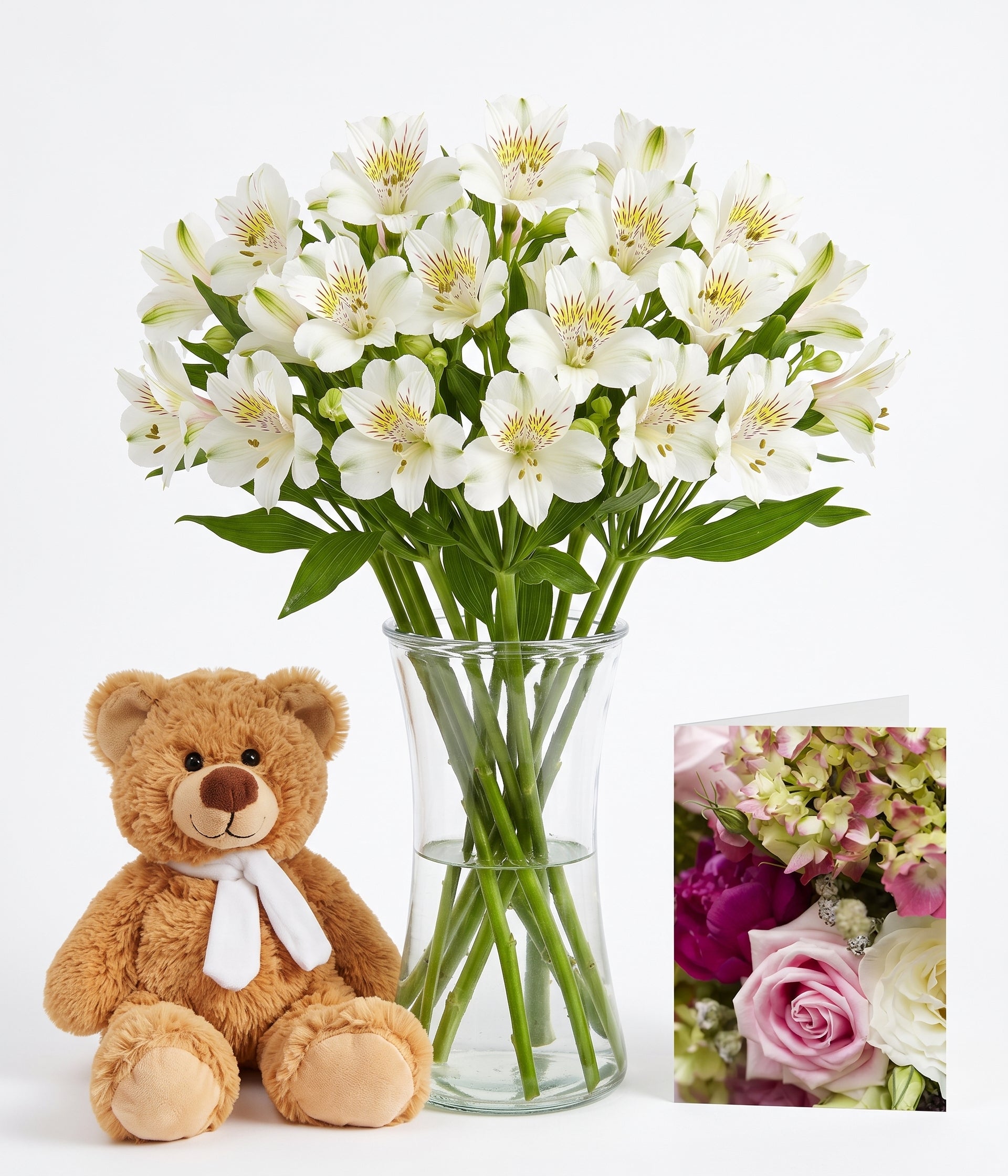 Easter Alstroemeria - 50 Bloom Collection | Card & Teddy Bear Arrangement