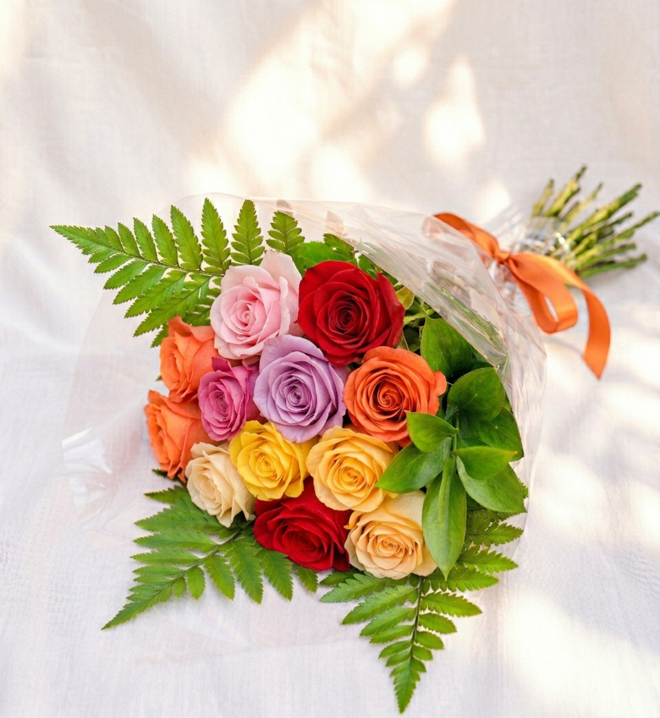12 Assorted Roses | With Teddy, Chocolate & Card Bouquet