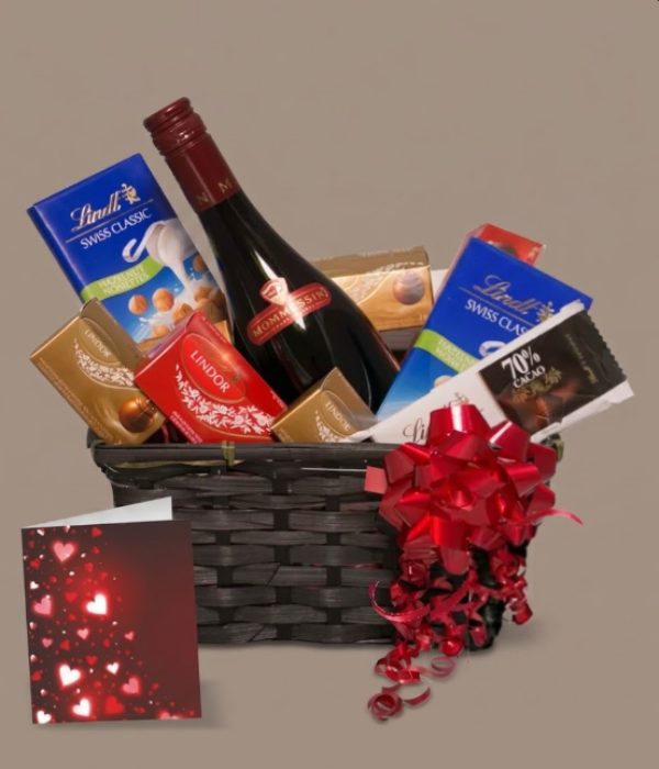 Panier-cadeau vin cramoisi et chocolats Lindt
