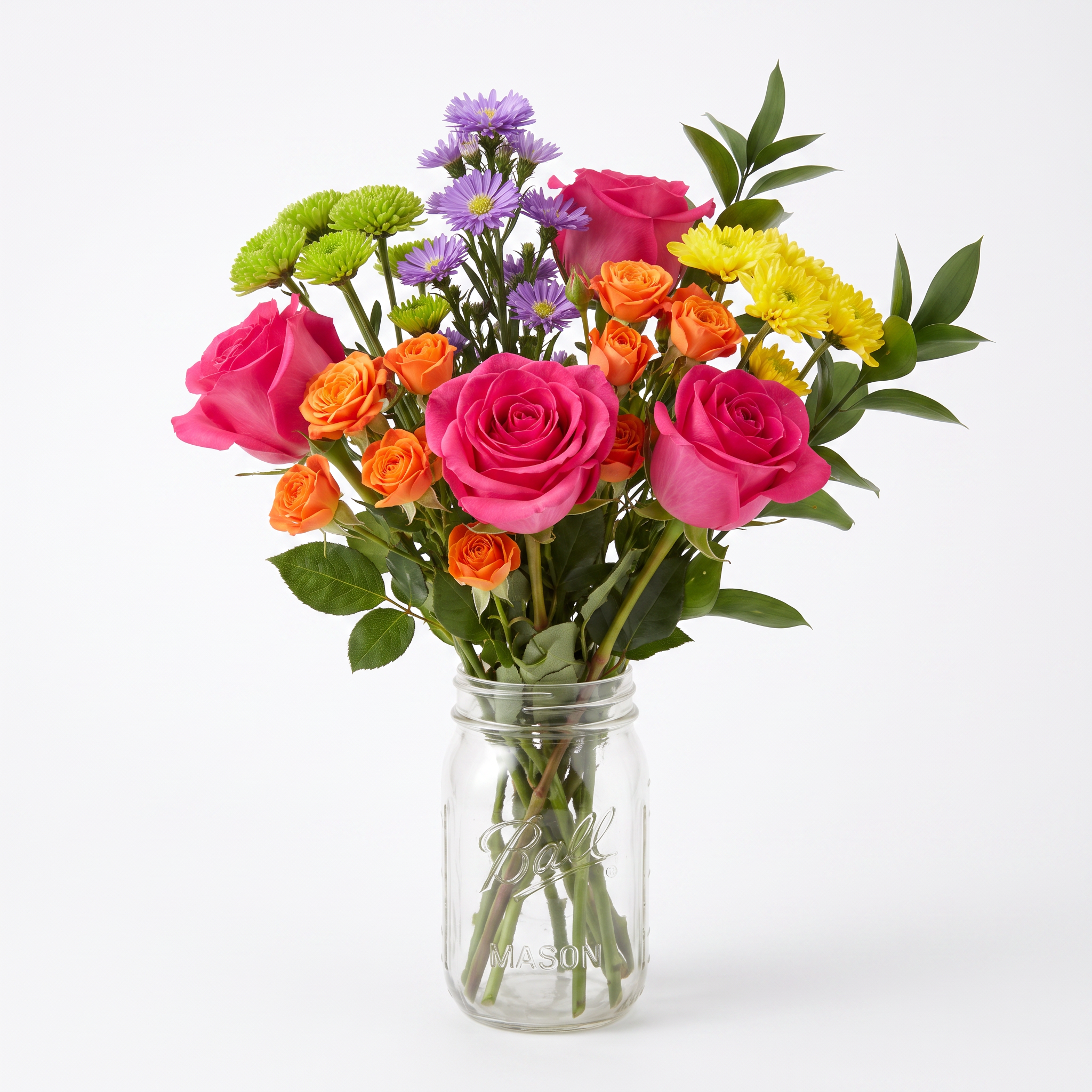 Bright Garden Rose & Mum Mason Jar – Colourful Fresh Flower Arrangement Arrangement