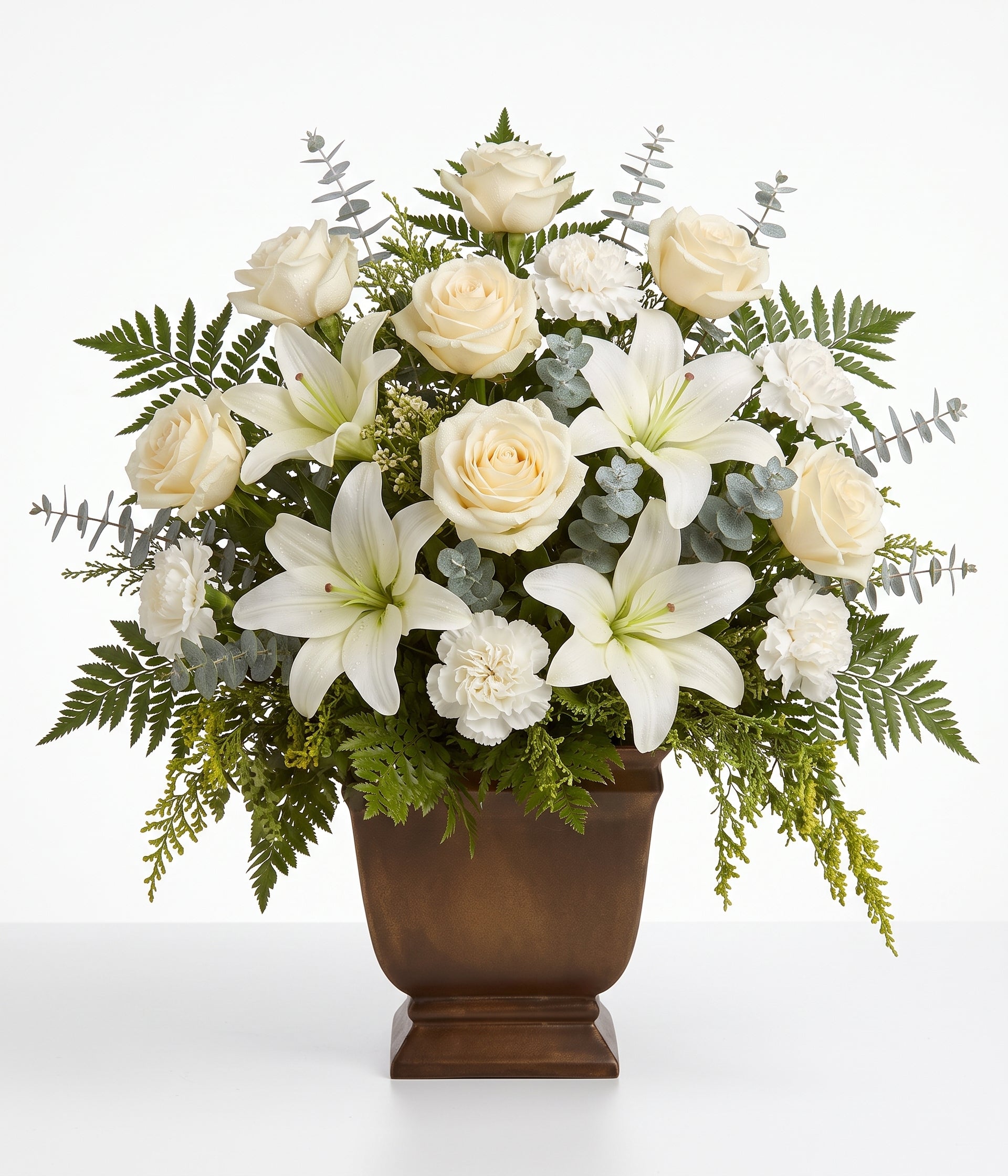 Snow Rose & Lily Urn Arrangement Blooms