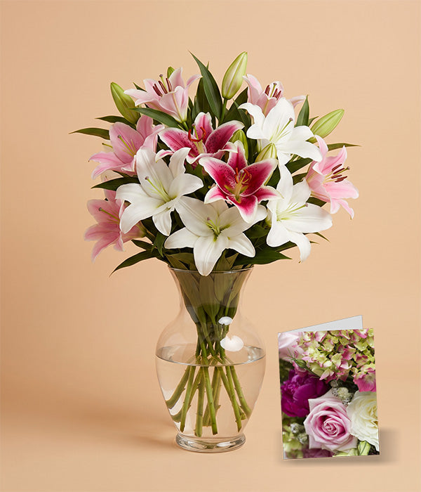 Assorted Oriental Lily Bouquet with Vase & Card