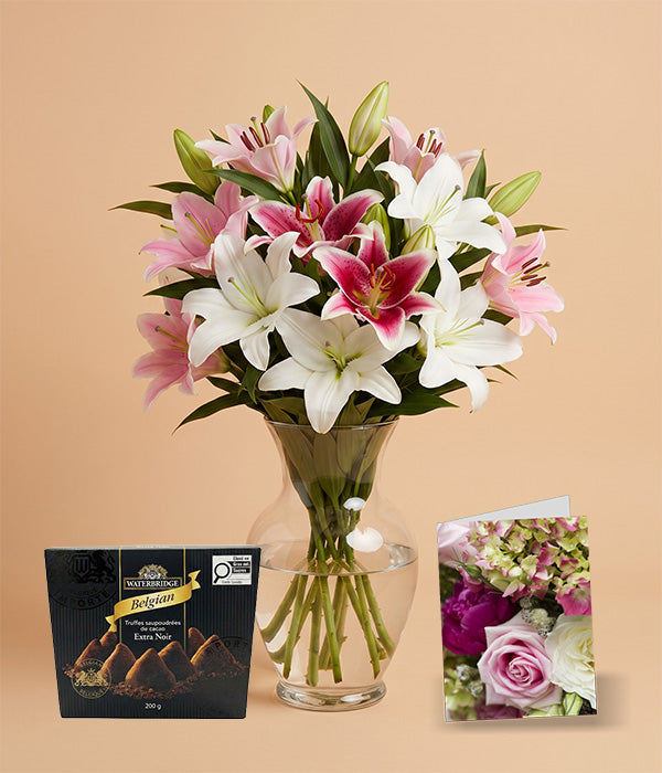 Assorted Oriental Lily Bouquet with Vase, Card & Truffles