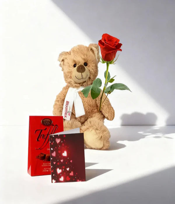 Luxury Rose Teddy Bear Gift Set With Gourmet Truffles And Greeting Card Blooms