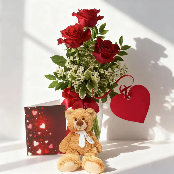 Romantic Roses & Teddy Bear Gift Set Bouquet