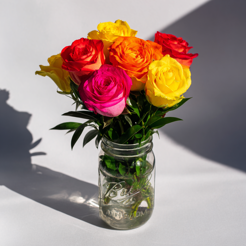 Colourful Roses In Mason Jar Blooms