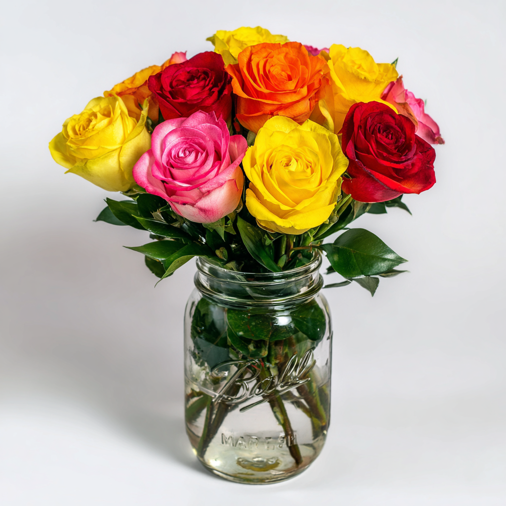 Colourful Roses In Mason Jar Blooms