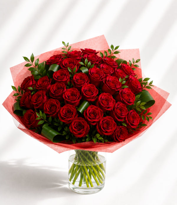 36 Ruby Roses with Teddy, Chocolate & Card