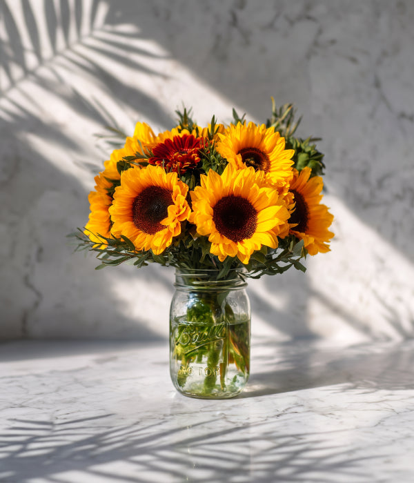 Tournesol dans un bocal rustique en fleurs