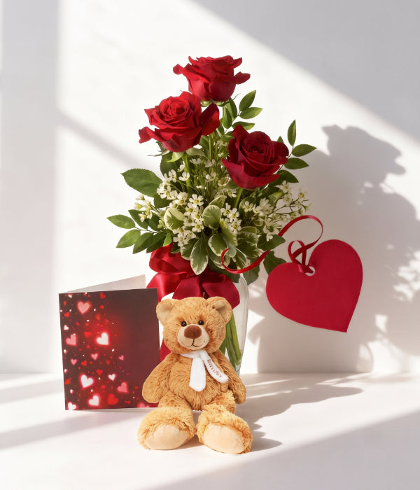 Coffret Cadeau Roses Romantiques et Ours en Peluche