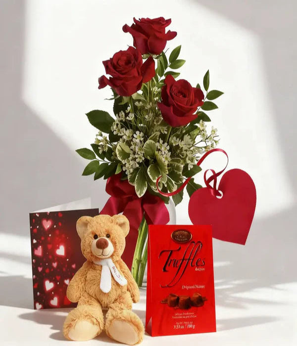 Coffret Cadeau Luxe Roses, Ours en Peluche et Truffes au Chocolat