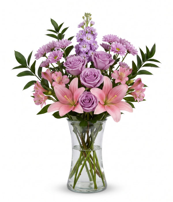 薰衣草玫瑰与玫瑰百合手扎花束 – 优雅的柔和色调鲜花盛开